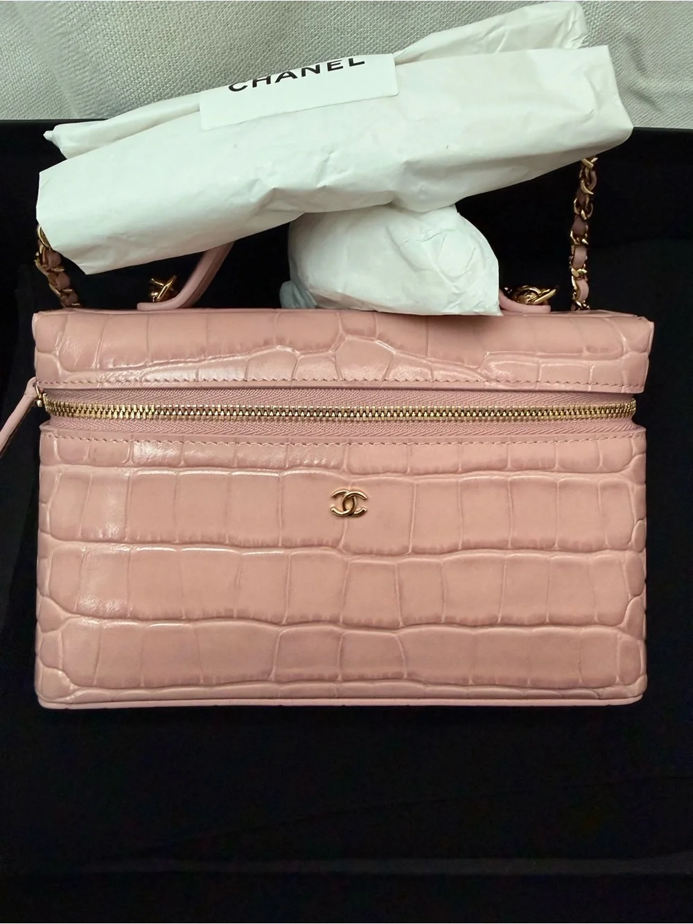 CHANEL Pink Croc-Embossed Slim Vanity Bag with Gold Chain